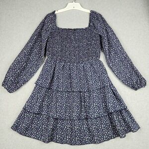 BTFBM Fit  & Flare Dress Womens L Blue Floral Smocked Chest Tiered Square Neck